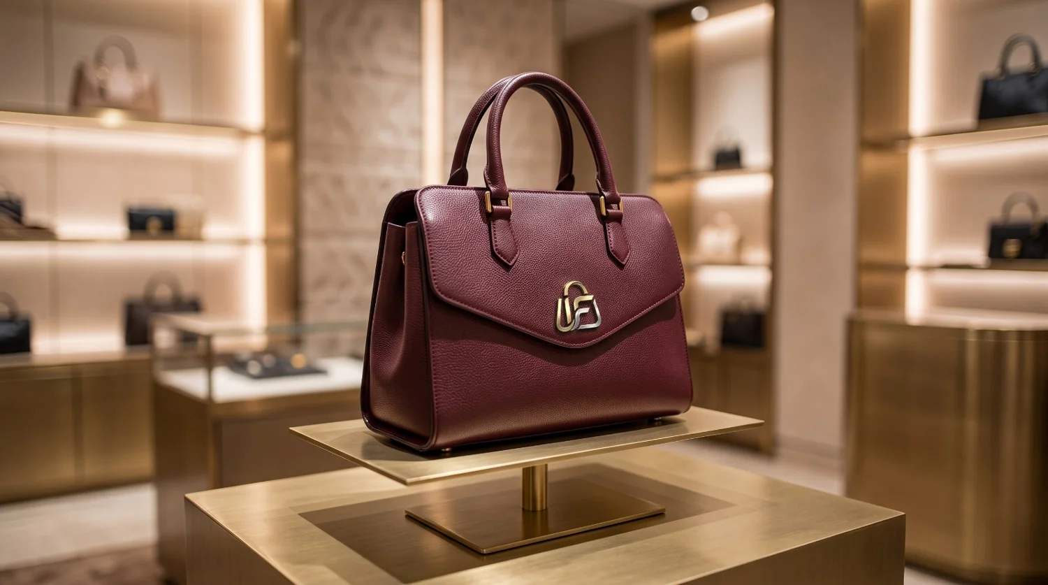 Burgundy handbag in luxury boutique